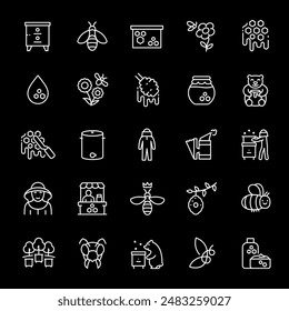 Beekeeping, white line icons. Honey production and beekeeping equipment. agricultural and nature themes. Symbols on black background. Editable stroke.
