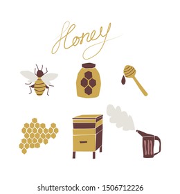 Beekeping hand drawn cartoon collection. Flat illustration of a beehive, apiary, honeycombs, bee, honey jar, smoker.