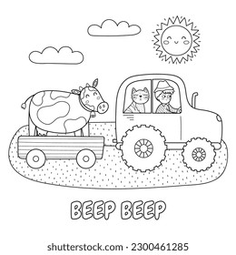 Beep beep black and white print with cute boy and cat on a tractor carrying a cow. Summer meadow coloring page in cartoon style. Vector illustration