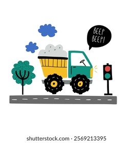 Beep. Cute cartoon baby boy poster with cars Truck in cartoon style. Vector print with cute cars for fabric, textile, postcard, apparel or kids room design.