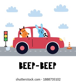 Beep beep print with cute rabbit and fox driving the red car. Funny background in cartoon style for kids. Little adventure with animals on the road for nursery design. Vector illustration