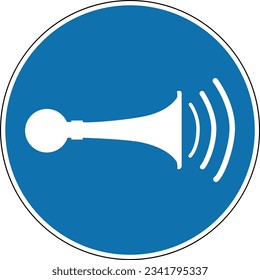 Beep sign required. Need for audible signal. Mandatory sign. To avoid collision with vehicles or people. Round blue sign. Horn sound sign.