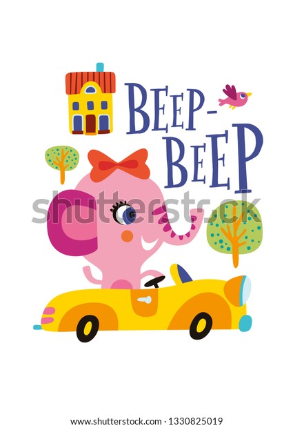 Beep-beep. Poster with cute animal on a white\
background. Funny transport. Design for kids zone decoration in a\
childish style. Illustration in vector.\
