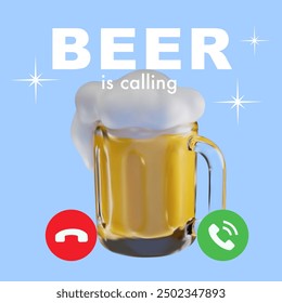 Beer 3D flat vector posters. Beer is calling illustration on a blue background with white stars. Phone call icon. Trendy art for pub, bar, holiday party advertising