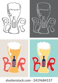 Beer ads, beer bottle and glass. Vector engraving illustration for web, poster, invitation to party. Hand drawn design element isolated on white background.
