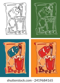 Beer ads, beer bottle and glass. Vector engraving illustration for web, poster, invitation to party. Hand drawn design element isolated on white background.
