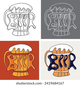 Beer ads, beer bottle and glass. Vector engraving illustration for web, poster, invitation to party. Hand drawn design element isolated on white background.