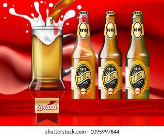 Beer ads design.  Three different types of beer.  Filling beer with a splash.  Mockup