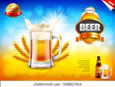 Beer ads. Frothy mug and wheats on field bokeh background. 3d illustration and design