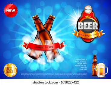 Beer ads. Two bottles with ice cubes on blue background. 3d illustration and design