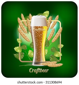Beer ads. Vector Background for advertising pub, beer restaurant. Glass of beer in label or sign composition with ears of wheat and hops. EPS 10