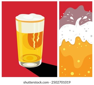 Beer advertisement design. Oktoberfest festival. A glass of cold beer and splash. Retro beer vector poster on a red background. Trendy retro art for pub and bar