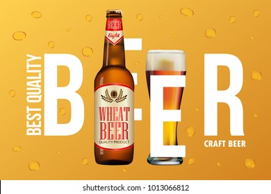 Beer advertisement design. Poster template for classic white beer ad package design. Vector glass bottle and cup with beer, 3d illustration