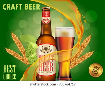 Beer advertisement design. Poster template for classic white beer ad package design. Vector glass bottle and cup with beer, 3d illustration