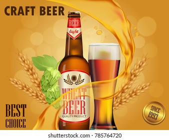 Beer advertisement design. Poster template for classic white beer ad package design. Vector glass bottle and cup with beer, 3d illustration