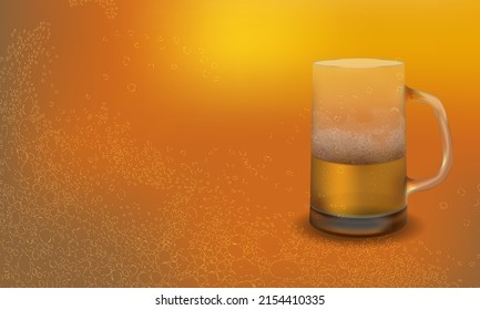 Beer advertising. A glass of beer on an orange background with foam splashes.