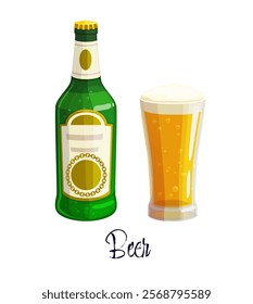 Beer alcohol bottle and glass. Isolated vector green bottle with a label and a full glass of frothy classic beer drink with fizzing bubbles, evokes a sense of refreshing, coldness and anticipation