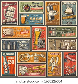 Beer alcohol drink retro posters of bar, pub and Oktoberfest beverage vector design. Glasses and mugs with foam, pint, bottles and brewery barrels of craft lager or ale, hops, malt, barley and wheat