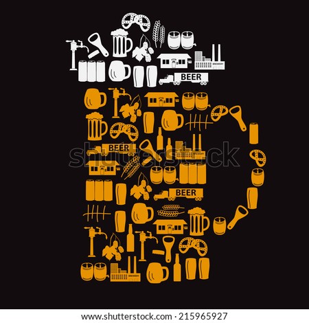 beer alcohol drink theme icons set in big beer glass shape eps10