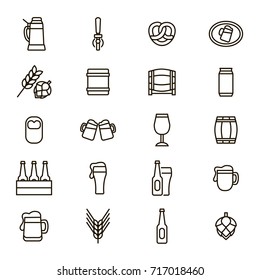 Beer Alcohol Drink Thin Line Icon Set Liquid Beverage Bar or Pub Symbols Include of Beer Glass, Bottle, Can and Mug. Vector illustration