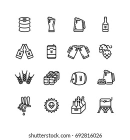 Beer alcohol drinks line vector icons. Brewing alcohol beer from hops illustration