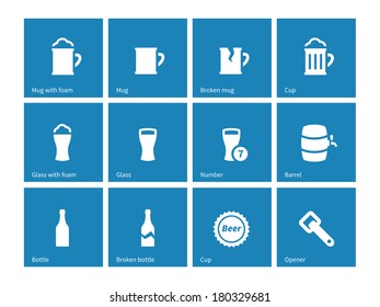 Beer and alcohol glasses icons on blue background. Vector illustration.