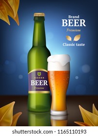 Beer alcohol poster. Drink bottles and glasses beer advertizing background of beverages retail vector image product. Mug beer and bottle glass, drink alcohol beverage illustration