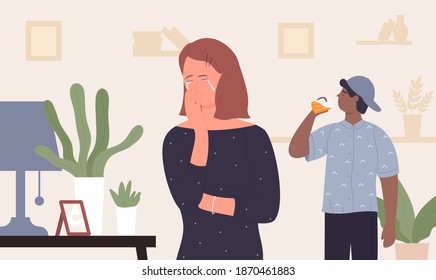 Beer alcoholic addiction vector illustration. Cartoon unhappy depressed mother character crying because of young teenage son drinking beer alcohol from bottle, alcoholism problem in family background