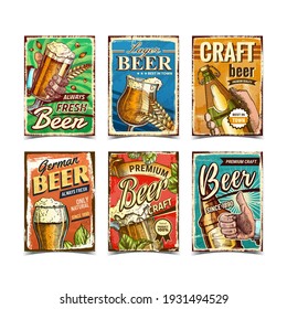 Beer Beer Alcohólica Anuncio de Afiches Set Vector. Taza De Cerveza A Mano Y Botella De Vidrio, Reseña De Bebidas De Lager Y Artesanías, Hop Y Trigo En Carteles De Promoción. Ilustraciones de concepto dibujadas a mano de diseño