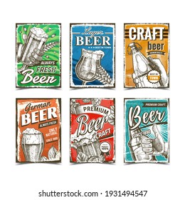 Beer Alcoholic Drink Advertise Posters Set Vector. Hand Holding Beer Cup And Glass Bottle, Lager And Craft Beverage Review, Hop And Wheat On Promotion Banners. Illustrations