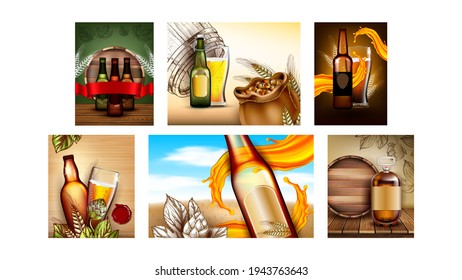 Cerveza Alcohólica Bebe Promo Afiches Set Vector. Botellas De Cerveza Blank Y Barril De Madera, Vidrio Con Bebida De Fama Y Bolsa Con Ingredientes En Carteles Publicitarios. Ilustraciones de diseño de concepto de color