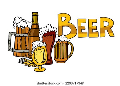 Beer, ale or cider drinks isolated on white background. Pub, cafe, bar or restaurant menu. Hand drawn doodle style vector illustration.