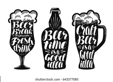 Beer, ale, lager label set. Alcoholic beverage, drink, pub, brewery symbol or icon. Lettering, calligraphy vector illustration