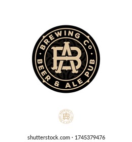 Beer and Ale logo. Beer Pub emblem. A and B crossing letters. Craft Beer logotype at engraving style. Vintage style with Celtic ornament.