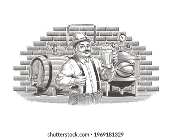 Beer or ale manufacturing vintage engraving style vector illustration. Craft brewery and male brewer. Man holding a beer mug, brew kettle and barrel on background. For label or menu design.
