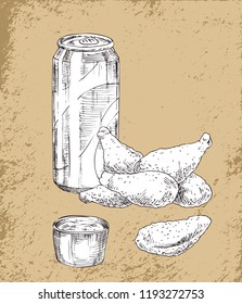 Beer in aluminum can and fried chicken drumsticks served with sauce. Monochrome sketches outlines set. Fast food and beverage vector illustration