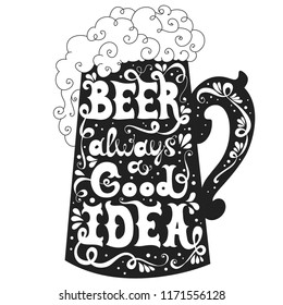 Beer always a good idea. Beer mug with Hand drawn inspirational  illustration, lettering and decoration elements. Vector typography Octoberfest poster or print for t-shirts, bags and cards