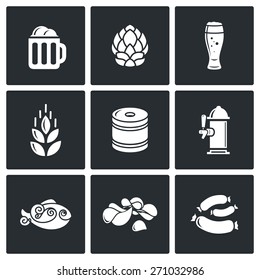 Beer and appetizer icons: beer, hops, glass, wheat, keg, beer column, fish, chips, sausages. Vector Illustration.