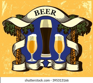Beer arm with beer mugs and palm trees.Label  contains images of beer glasses,ribbons,palm trees and text on vintage background.Vintage style.