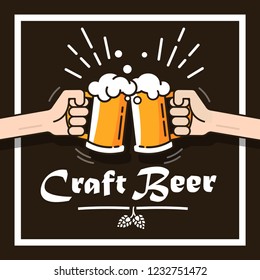 Beer background concept for banners, posters, flyers and promotional material. People in the pub clink mugs of beer. Friends having fun at the party.
Vector illustration in flat style.