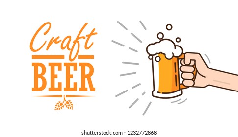 Beer background concept for banners, posters, flyers and promotional material. Mug of beer attracts attention on a white background. Isolated vector illustration in flat style.