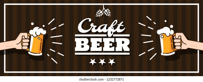 Beer background concept for banners, posters, flyers and promotional material. Two mugs of beer attracts attention on a brown background. Vector illustration in flat style.