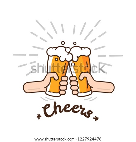 Beer background concept for banners, posters, flyers and promotional material. People in the pub clink glasses of beer. Friends having fun at the party.
Vector illustration in flat style.