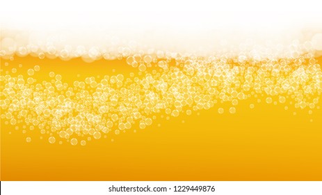 Beer background. Craft lager splash. Oktoberfest foam. Fresh pint of ale with realistic white bubbles. Cool liquid drink for pab menu concept. Gold bottle with beer background.