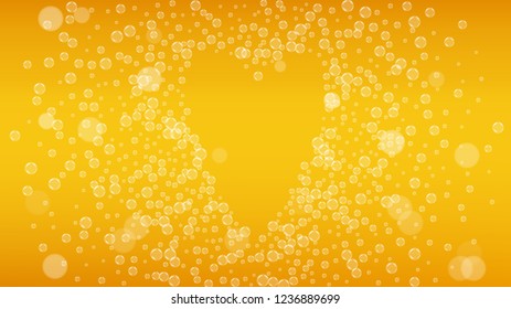 Beer background. Craft lager splash. Oktoberfest foam. bar flyer layout. Bubbly pint of ale with realistic white bubbles. Cool liquid drink for Golden bottle with beer background.