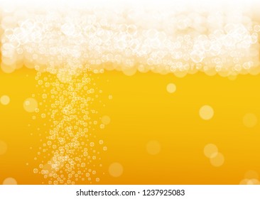 Beer background. Craft lager splash. Oktoberfest foam. restaurant banner layout. Pale pint of ale with realistic white bubbles. Cool liquid drink for Orange glass with beer background.
