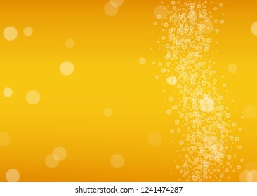Beer background. Craft lager splash. Oktoberfest foam. restaurant menu layout. Pour pint of ale with realistic white bubbles. Cool liquid drink for Orange glass with beer background.