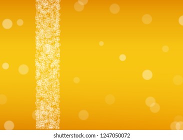 Beer background. Craft lager splash. Oktoberfest foam. restaurant menu template. Shiny pint of ale with realistic white bubbles. Cool liquid drink for Golden bottle with beer background.