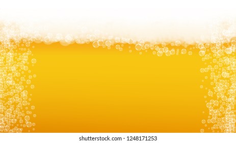 Beer background. Craft lager splash. Oktoberfest foam. Festive pint of ale with realistic white bubbles. Cool liquid drink for bar banner template. Gold glass with beer background.