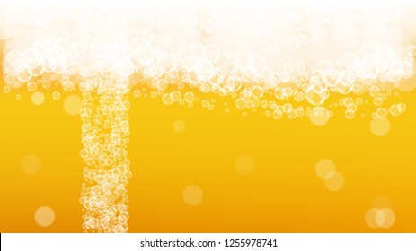Beer background. Craft lager splash. Oktoberfest foam. Fresh pint of ale with realistic white bubbles. Cool liquid drink for pab banner template. Gold bottle with beer background.